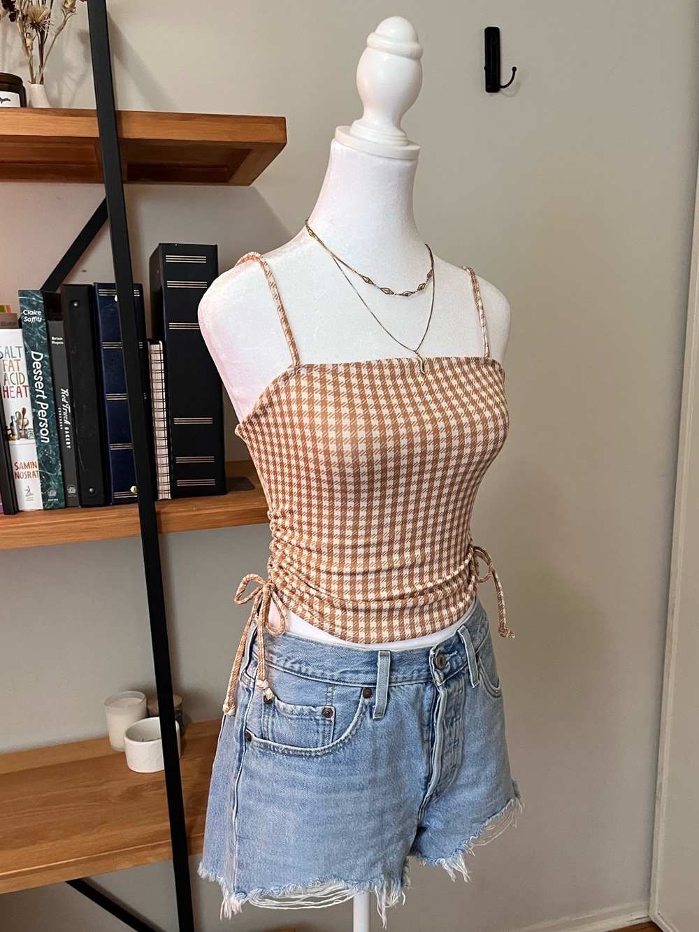 NWT Brit & Bri Gingham Ruched Tie Square Neck Spaghetti Strap Crop Tank Top XS